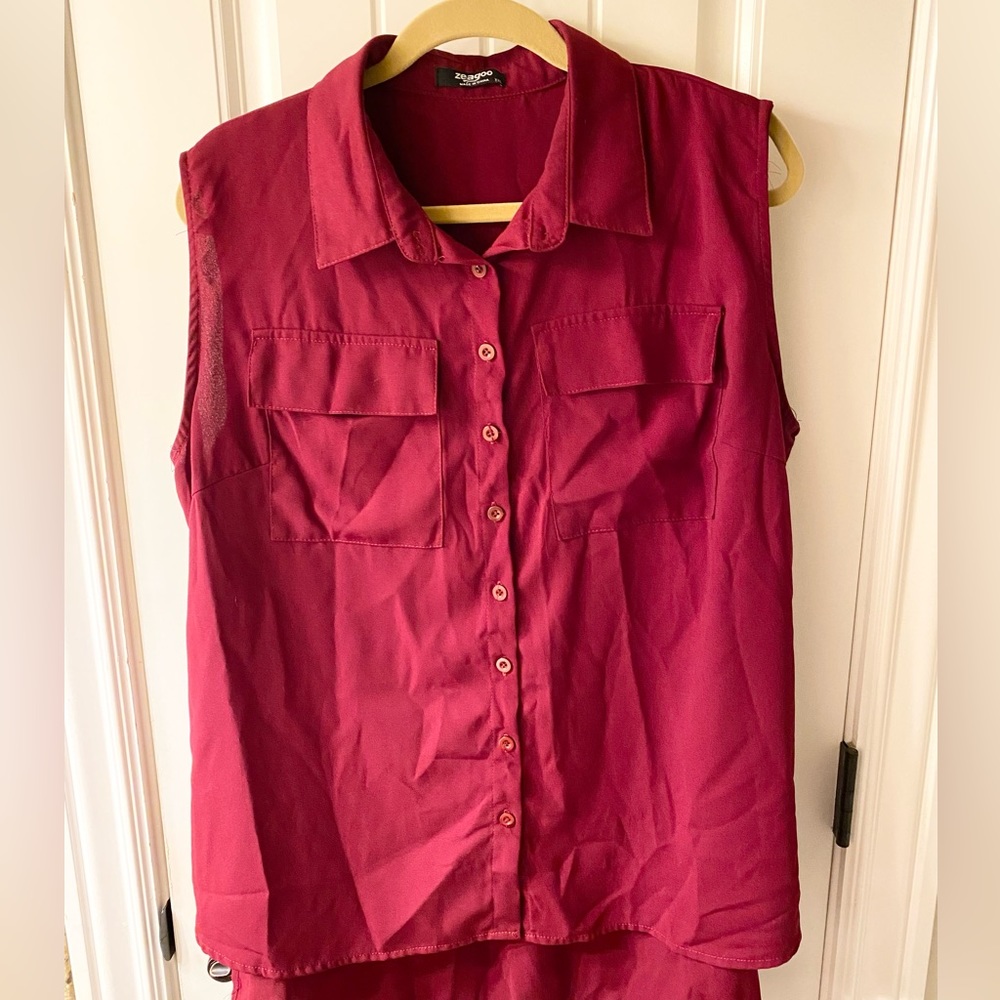 Zeagoo Chiffon Sleeveless Button Down Blouse High Low Collared with Pockets